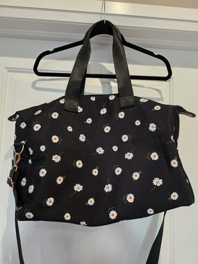 Black Daisy Print Canvas Tote Bag with Detachable Strap